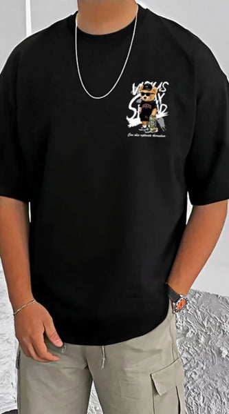 Mayawye Men's Casual Cotton Blend Printed Round Neck Half Sleeve T-Shirt (Black)