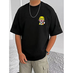 Mayawye Men's Casual Cotton Blend Printed Round Neck Half Sleeve T-Shirt (Black)