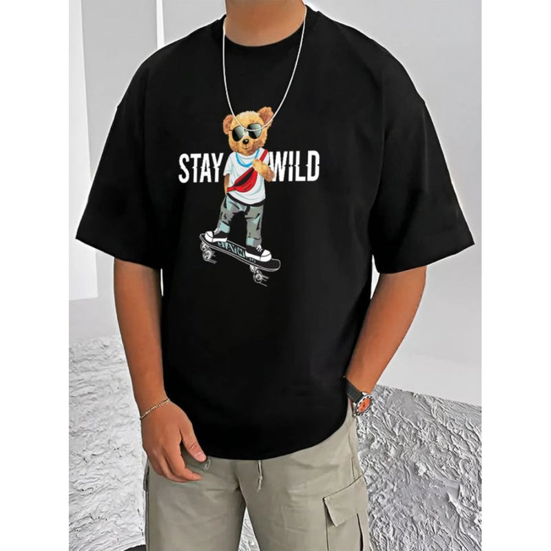 Mayawye Men's Casual Cotton Blend Printed Round Neck Half Sleeve T-Shirt (Black)