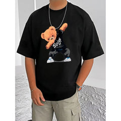 Mayawye Men's Casual Cotton Blend Printed Round Neck Half Sleeve T-Shirt (Black)