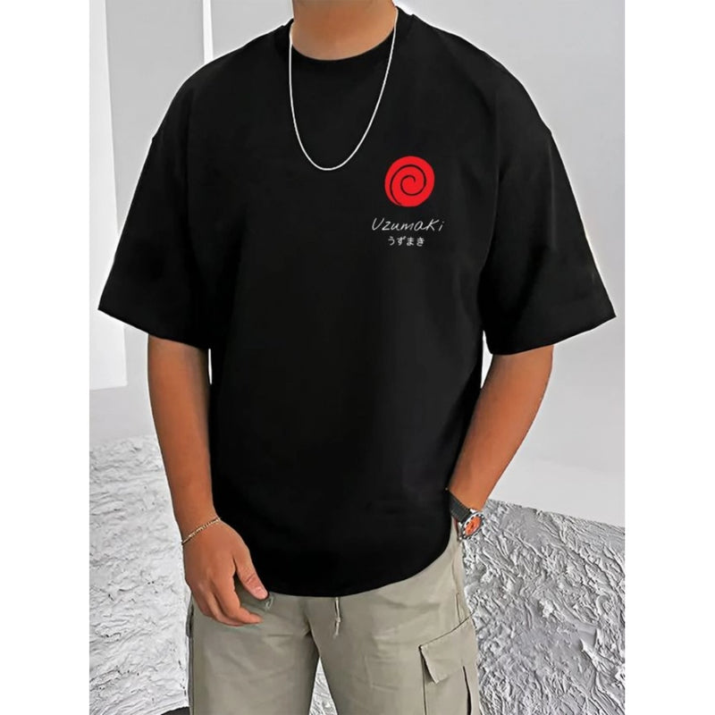 Mayawye Men's Casual Cotton Blend Printed Round Neck Half Sleeve T-Shirt (Black)