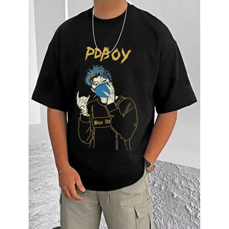 Mayawye Men's Casual Cotton Blend Printed Round Neck Half Sleeve T-Shirt (Black)