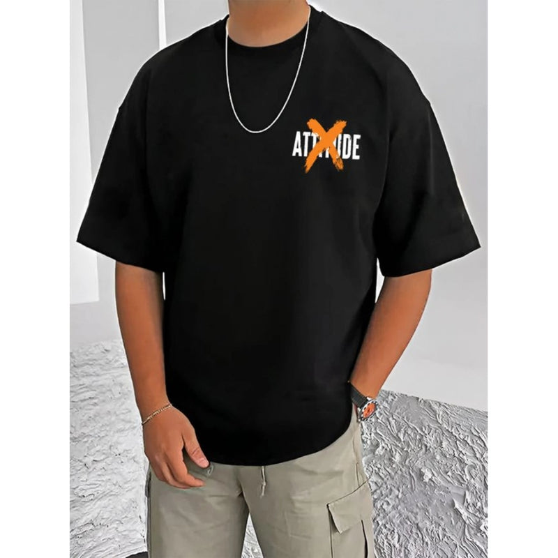 Mayawye Men's Casual Cotton Blend Printed Round Neck Half Sleeve T-Shirt (Black)