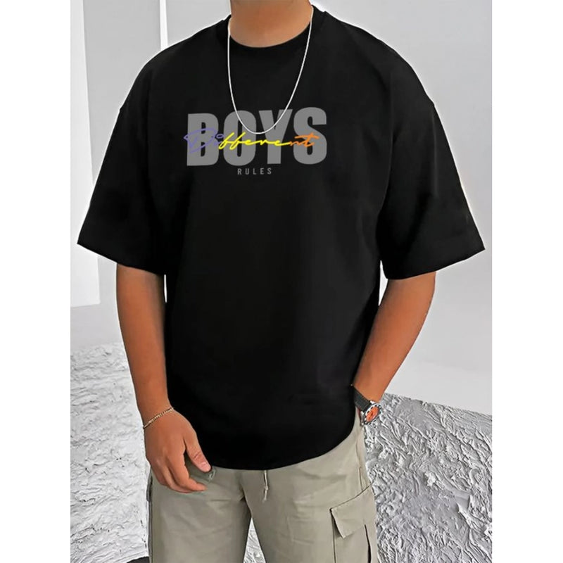 Mayawye Men's Casual Cotton Blend Printed Round Neck Half Sleeve T-Shirt (Black)