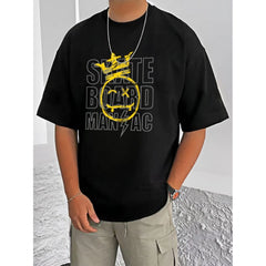 Mayawye Men's Casual Cotton Blend Printed Round Neck Half Sleeve T-Shirt (Black)