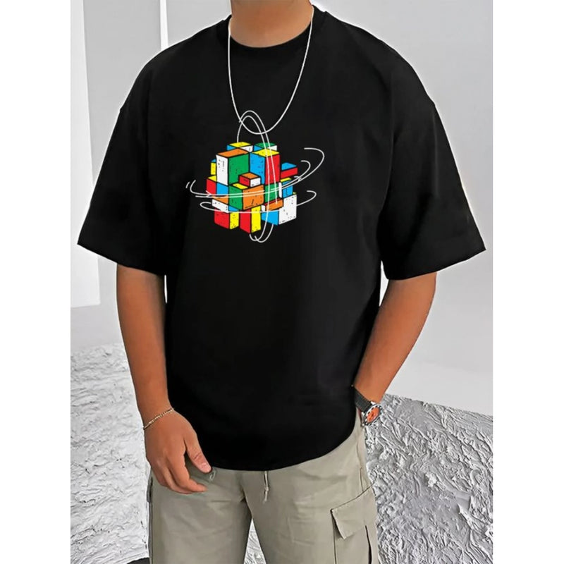 Mayawye Men's Casual Cotton Blend Printed Round Neck Half Sleeve T-Shirt (Black)