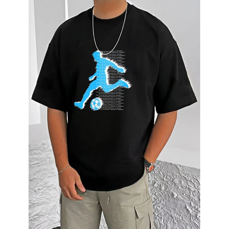 Mayawye Men's Casual Cotton Blend Printed Round Neck Half Sleeve T-Shirt (Black)