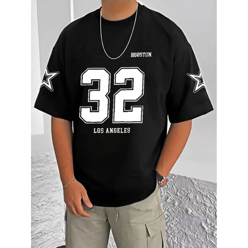 Mayawye Men's Casual Cotton Blend Printed Round Neck Half Sleeve T-Shirt (Black)