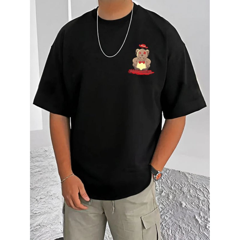 Mayawye Men's Casual Cotton Blend Printed Round Neck Half Sleeve T-Shirt (Black)