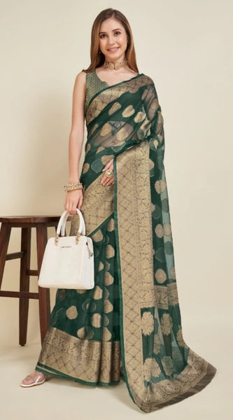 Mayawye Women's Soft Organza Silk Weaving Design Saree With Unstitched Blouse 5.5Mtr (Green)
