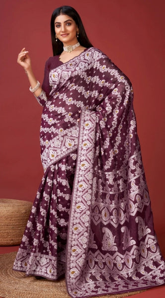 Mayawye Women's Cotton Silk Printed Saree With Unstitched Blouse 5.5Mtr (Purple)