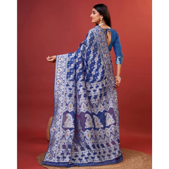 Mayawye Women's Cotton Silk Printed Saree With Unstitched Blouse 5.5Mtr (Blue)