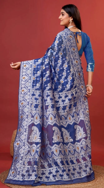 Mayawye Women's Cotton Silk Printed Saree With Unstitched Blouse 5.5Mtr (Blue)