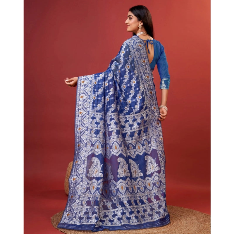 Mayawye Women's Cotton Silk Printed Saree With Unstitched Blouse 5.5Mtr (Blue)