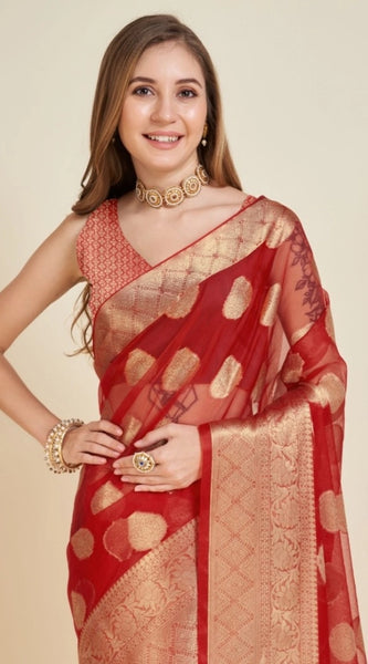 Mayawye Women's Soft Organza Silk Weaving Design Saree With Unstitched Blouse 5.5Mtr (Red)
