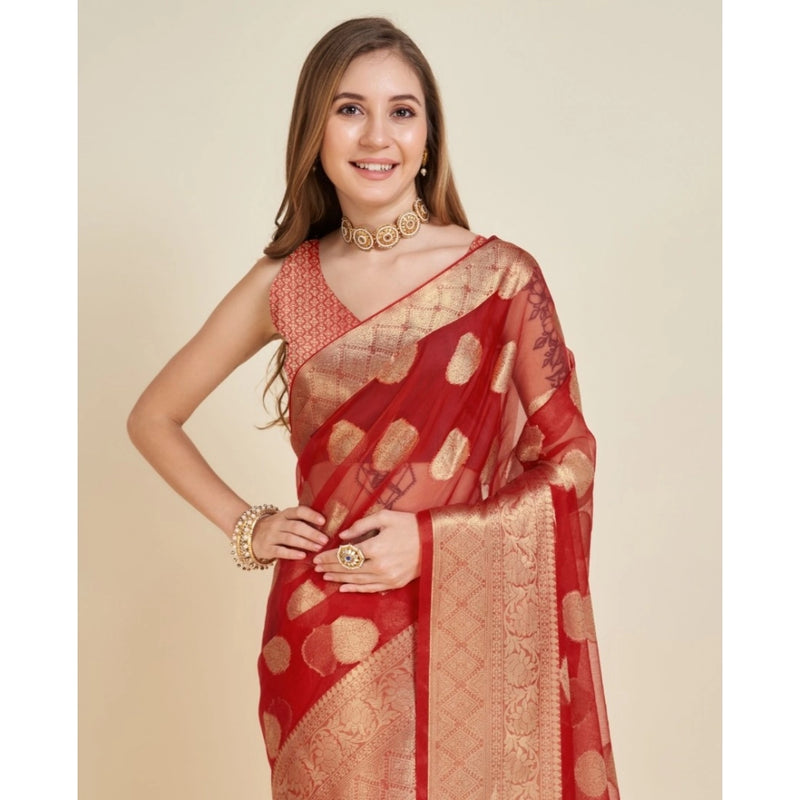 Mayawye Women's Soft Organza Silk Weaving Design Saree With Unstitched Blouse 5.5Mtr (Red)