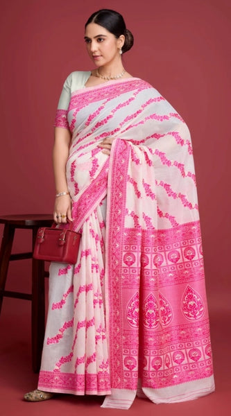 Mayawye Women's Jamdani Cotton Silk Printed Saree With Unstitched Blouse 5.5Mtr (Pink)