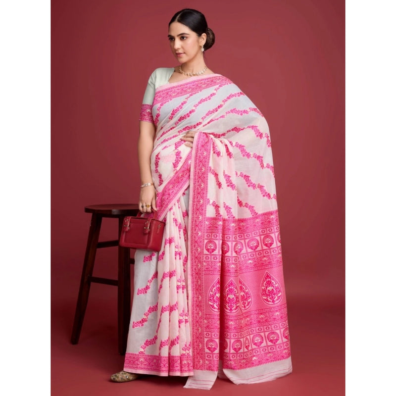 Mayawye Women's Jamdani Cotton Silk Printed Saree With Unstitched Blouse 5.5Mtr (Pink)