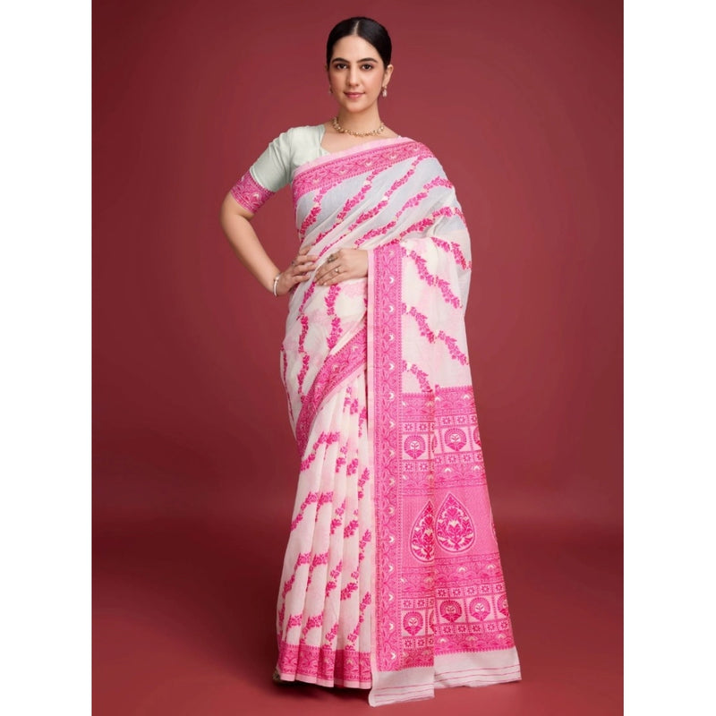 Mayawye Women's Jamdani Cotton Silk Printed Saree With Unstitched Blouse 5.5Mtr (Pink)