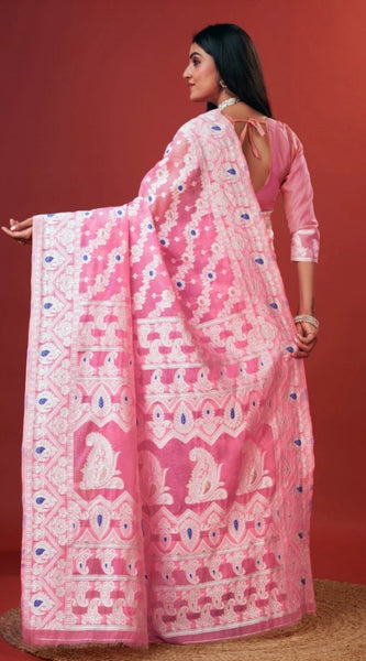 Mayawye Women's Cotton Silk Printed Saree With Unstitched Blouse 5.5Mtr (Pink)