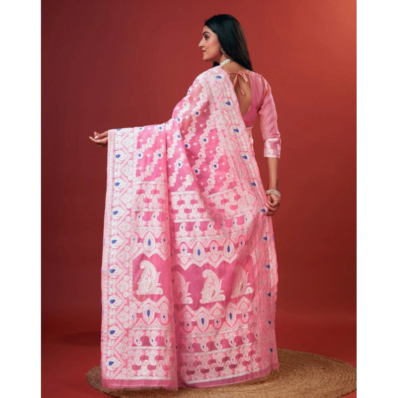 Mayawye Women's Cotton Silk Printed Saree With Unstitched Blouse 5.5Mtr (Pink)