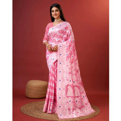 Mayawye Women's Cotton Silk Printed Saree With Unstitched Blouse 5.5Mtr (Pink)