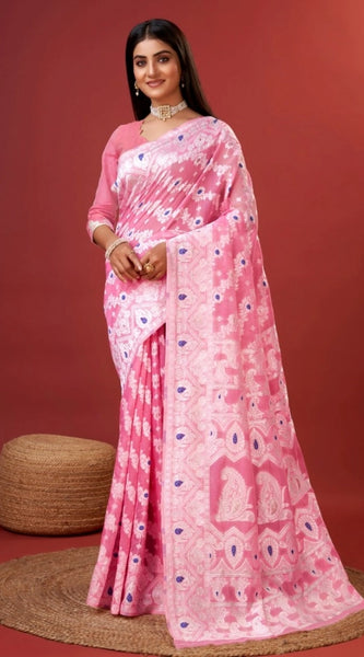 Mayawye Women's Cotton Silk Printed Saree With Unstitched Blouse 5.5Mtr (Pink)