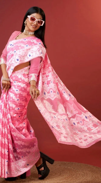 Mayawye Women's Cotton Silk Printed Saree With Unstitched Blouse 5.5Mtr (Pink)