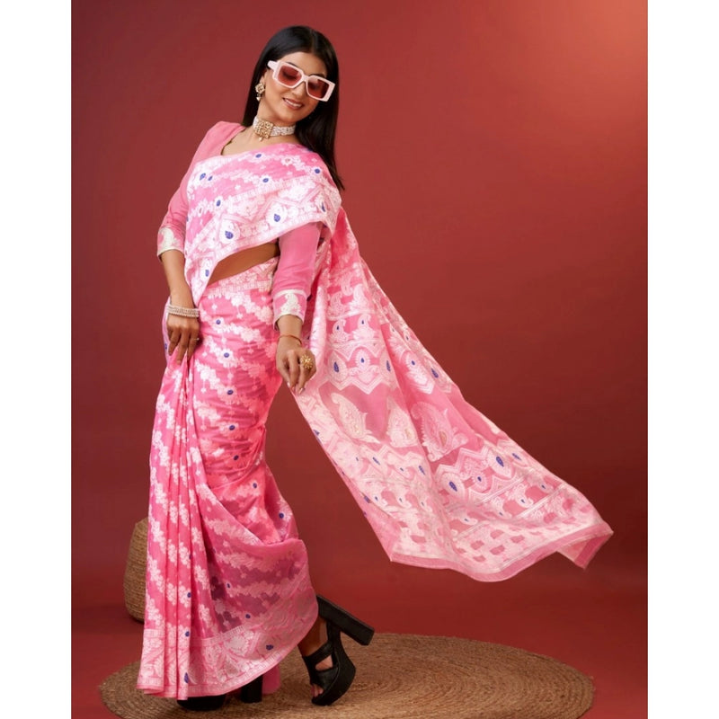 Mayawye Women's Cotton Silk Printed Saree With Unstitched Blouse 5.5Mtr (Pink)
