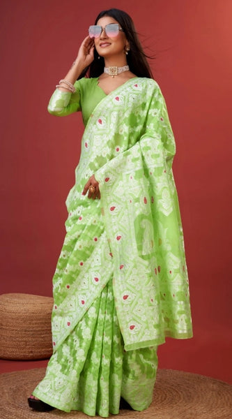 Mayawye Women's Cotton Silk Printed Saree With Unstitched Blouse 5.5Mtr (Light Green)