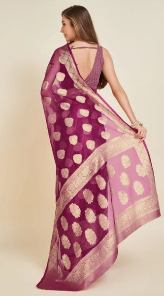 Mayawye Women's Soft Organza Silk Weaving Design Saree With Unstitched Blouse 5.5Mtr (Wine)