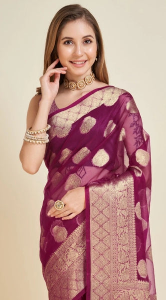 Mayawye Women's Soft Organza Silk Weaving Design Saree With Unstitched Blouse 5.5Mtr (Wine)