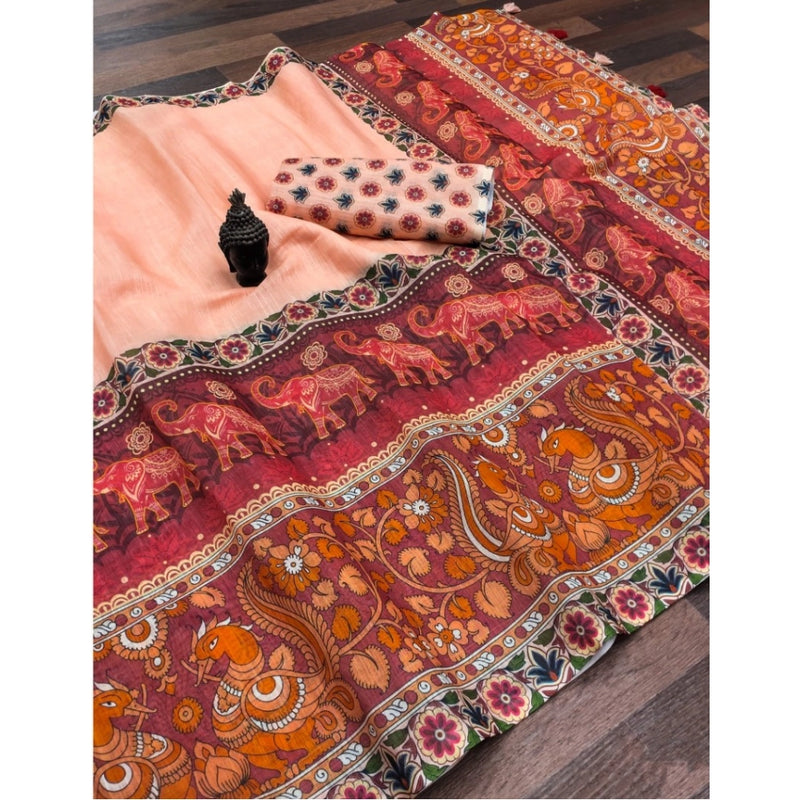 Mayawye Women's linen Digital Print Saree With Unstitched Blouse 5.5Mtr (Peach)