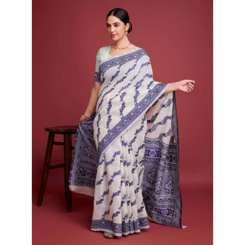Mayawye Women's Jamdani Cotton Silk Printed Saree With Unstitched Blouse 5.5Mtr (Navy Blue)