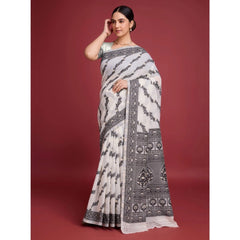 Mayawye Women's Jamdani Cotton Silk Printed Saree With Unstitched Blouse 5.5Mtr (Black)
