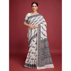 Mayawye Women's Jamdani Cotton Silk Printed Saree With Unstitched Blouse 5.5Mtr (Black)