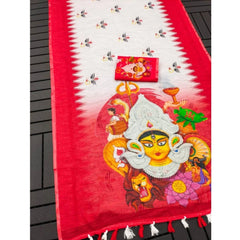 Mayawye Women's linen Digital Print Saree With Unstitched Blouse 5.5Mtr (White)