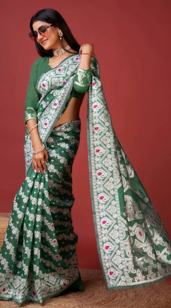 Mayawye Women's Cotton Silk Printed Saree With Unstitched Blouse 5.5Mtr (Green)