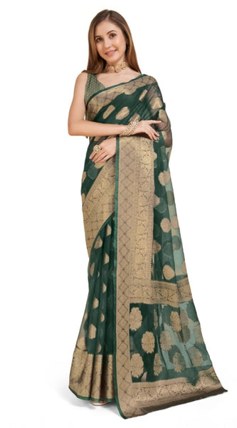 Mayawye Women's Soft Organza Silk Weaving Design Saree With Unstitched Blouse 5.5Mtr (Green)