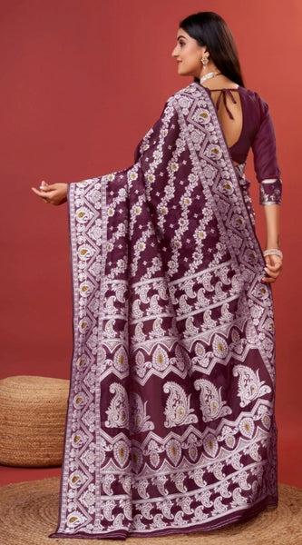 Mayawye Women's Cotton Silk Printed Saree With Unstitched Blouse 5.5Mtr (Purple)