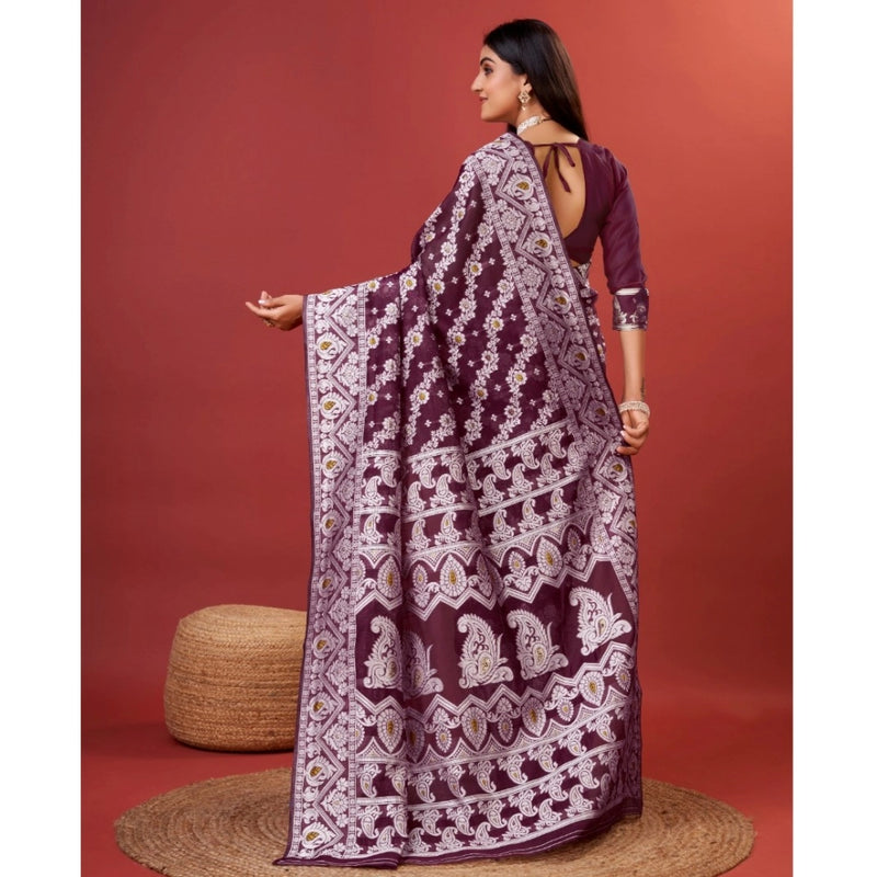 Mayawye Women's Cotton Silk Printed Saree With Unstitched Blouse 5.5Mtr (Purple)