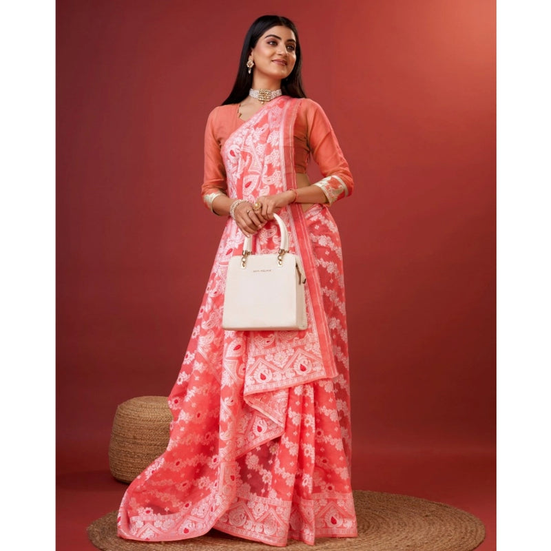 Mayawye Women's Cotton Silk Printed Saree With Unstitched Blouse 5.5Mtr (Peach)