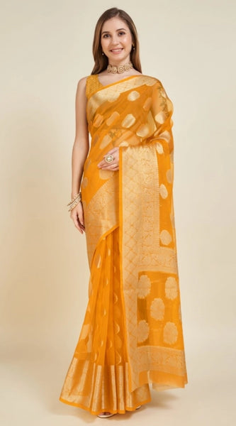 Mayawye Women's Soft Organza Silk Weaving Design Saree With Unstitched Blouse 5.5Mtr (Yellow)