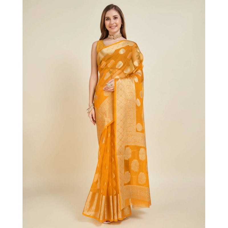 Mayawye Women's Soft Organza Silk Weaving Design Saree With Unstitched Blouse 5.5Mtr (Yellow)