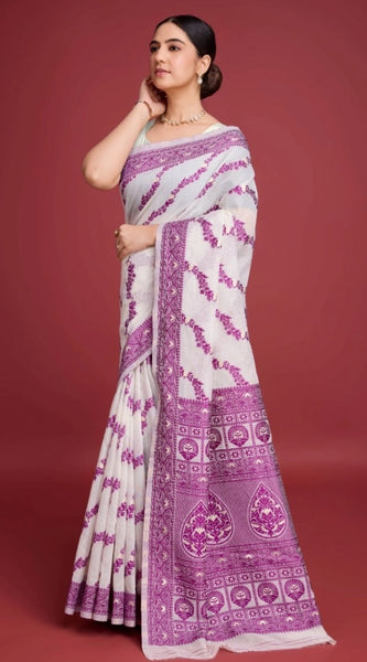 Mayawye Women's Jamdani Cotton Silk Printed Saree With Unstitched Blouse 5.5Mtr (Wine)
