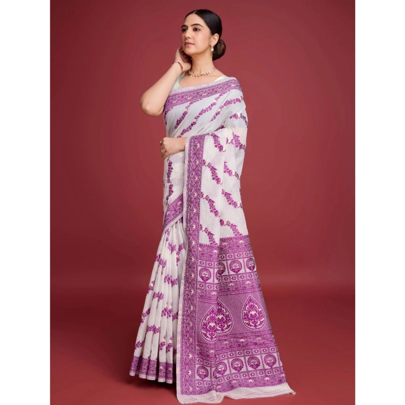 Mayawye Women's Jamdani Cotton Silk Printed Saree With Unstitched Blouse 5.5Mtr (Wine)
