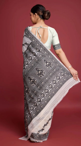 Mayawye Women's Jamdani Cotton Silk Printed Saree With Unstitched Blouse 5.5Mtr (Black)