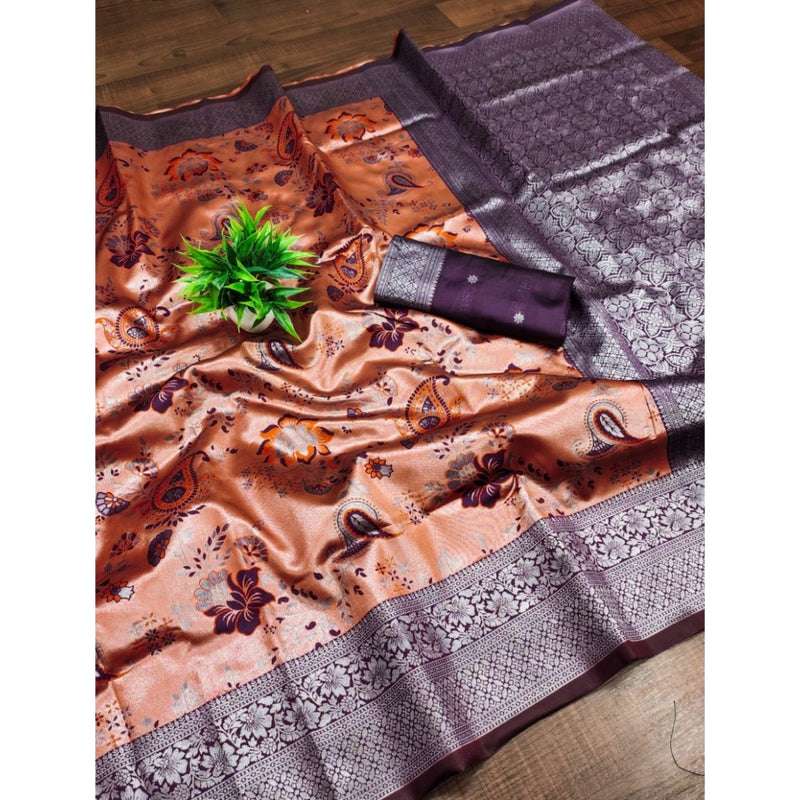 Mayawye Women's Banarasi Jacquard Printed Saree With Unstitched Blouse 5.5Mtr (Orange)