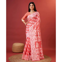 Mayawye Women's Cotton Silk Printed Saree With Unstitched Blouse 5.5Mtr (Peach)