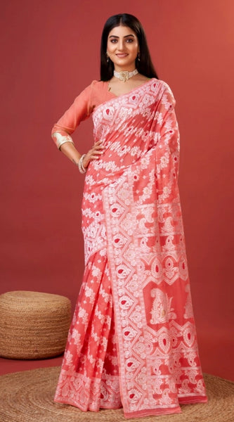 Mayawye Women's Cotton Silk Printed Saree With Unstitched Blouse 5.5Mtr (Peach)